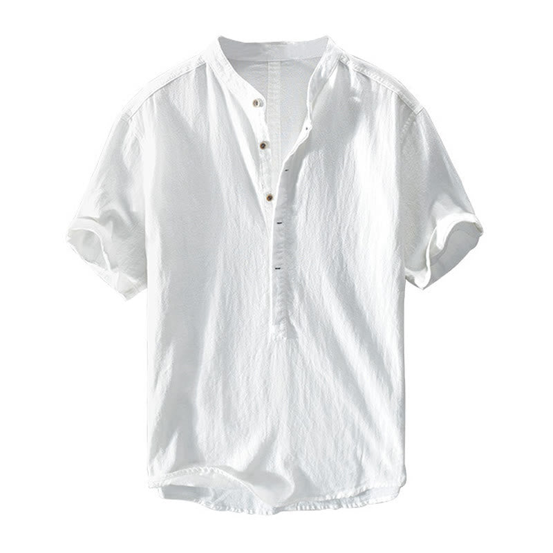 Chemise à manches courtes et demi-bouton en coton et lin pour homme, couleur unie, Buddha Stones - image 11