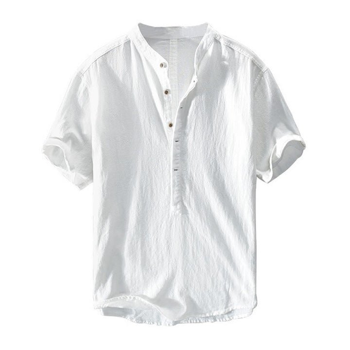 Chemise à manches courtes et demi-bouton en coton et lin pour homme, couleur unie, Buddha Stones - image 11