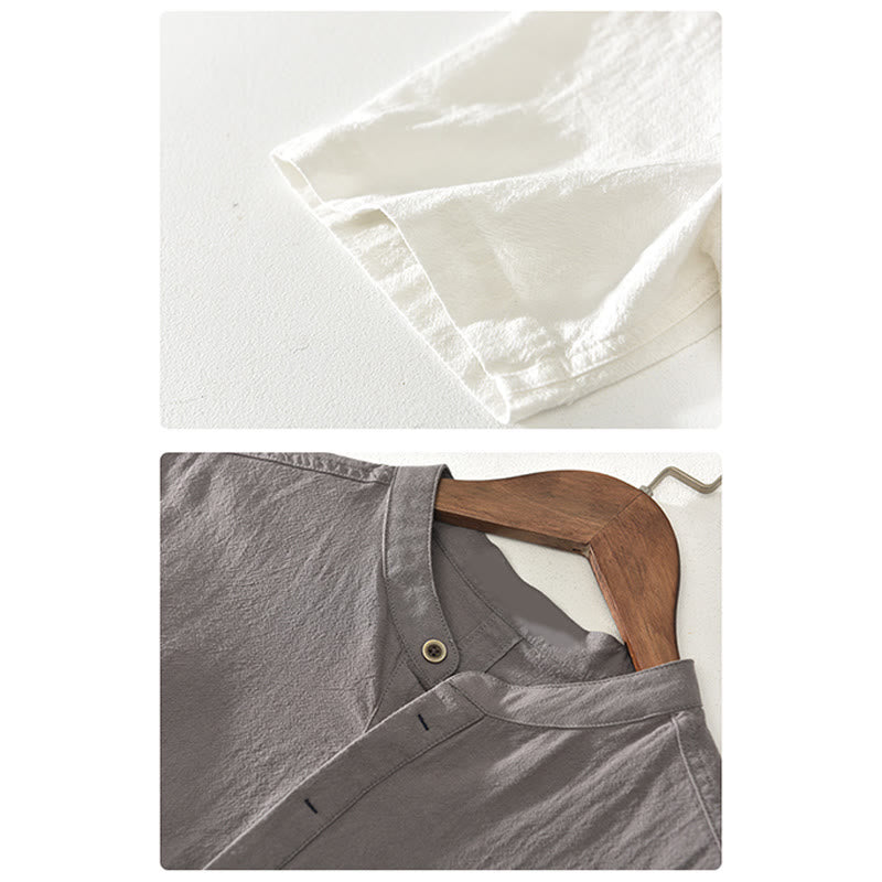 Chemise à manches courtes et demi-bouton en coton et lin pour homme, couleur unie, Buddha Stones - image 15