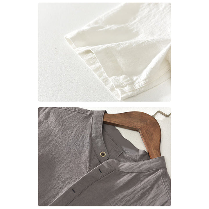 Chemise à manches courtes et demi-bouton en coton et lin pour homme, couleur unie, Buddha Stones - image 15
