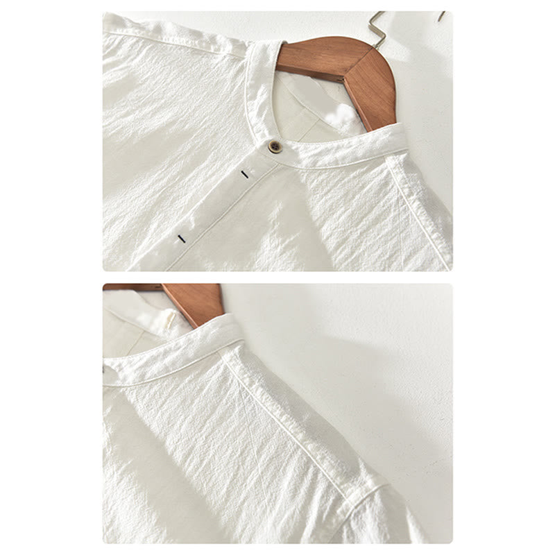 Chemise à manches courtes et demi-bouton en coton et lin pour homme, couleur unie, Buddha Stones - image 8