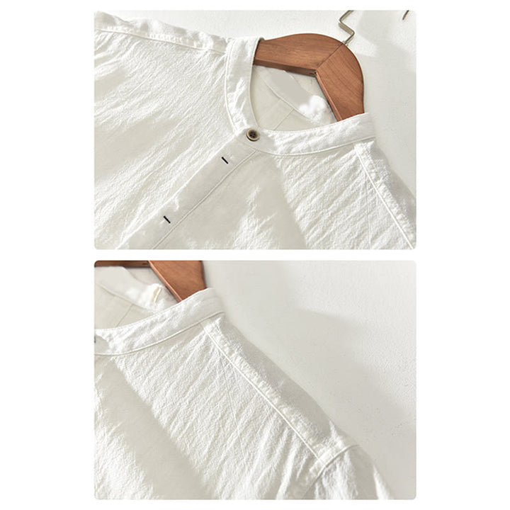 Chemise à manches courtes et demi-bouton en coton et lin pour homme, couleur unie, Buddha Stones - image 8