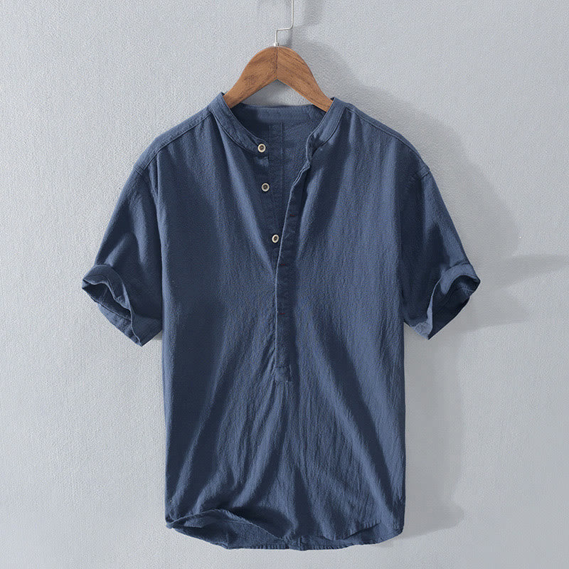 Chemise à manches courtes et demi-bouton en coton et lin pour homme, couleur unie, Buddha Stones - Bleu acier - US/UK/AU42，EU52 (3XL)  - image 1