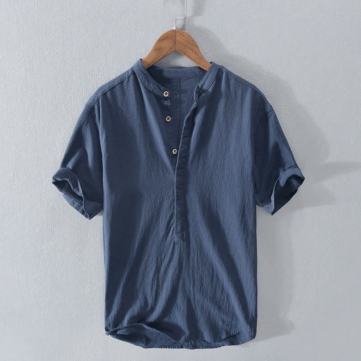 Chemise à manches courtes et demi-bouton en coton et lin pour homme, couleur unie, Buddha Stones - Bleu acier - US/UK/AU42，EU52 (3XL)  - image 1