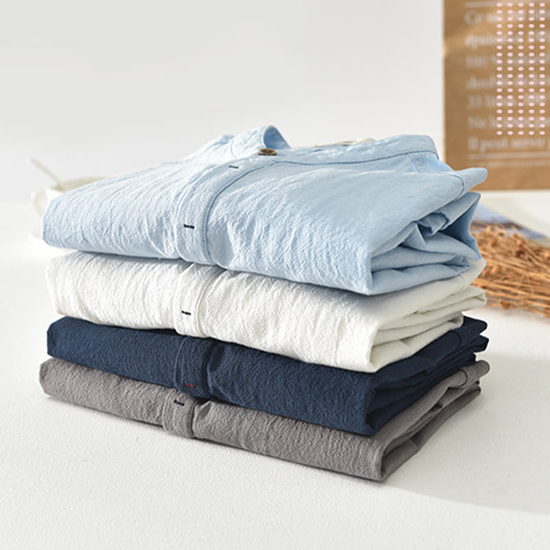 Chemise à manches courtes et demi-bouton en coton et lin pour homme, couleur unie, Buddha Stones - image 1