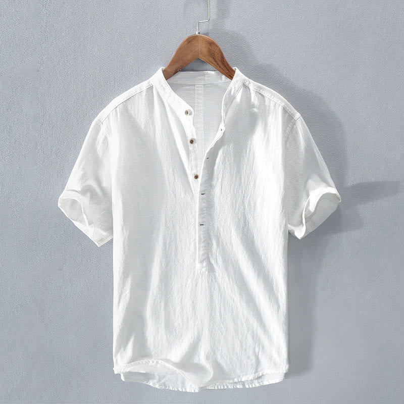 Chemise à manches courtes et demi-bouton en coton et lin pour homme, couleur unie, Buddha Stones - Blanc - US/UK/AU42，EU52 (3XL)  - image 9