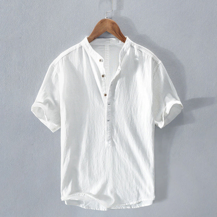 Chemise à manches courtes et demi-bouton en coton et lin pour homme, couleur unie, Buddha Stones - Blanc - US/UK/AU42，EU52 (3XL)  - image 9