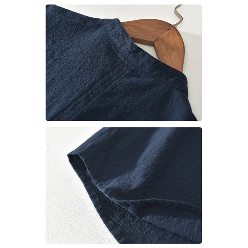 Chemise à manches courtes et demi-bouton en coton et lin pour homme, couleur unie, Buddha Stones - image 5