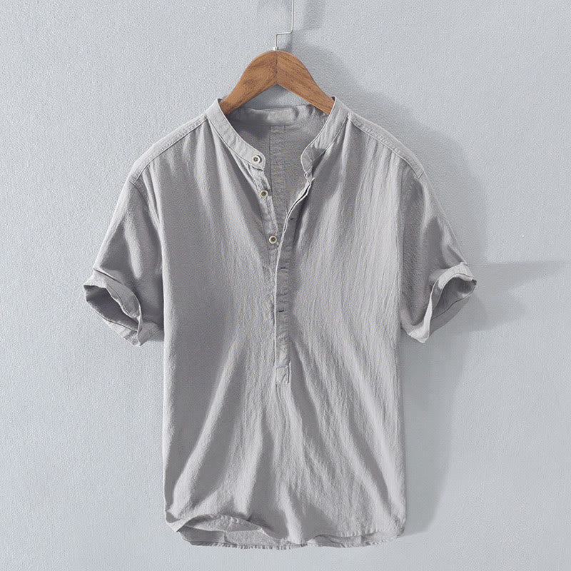 Chemise à manches courtes et demi-bouton en coton et lin pour homme, couleur unie, Buddha Stones - Gris clair - US/UK/AU42，EU52 (3XL)  - image 13