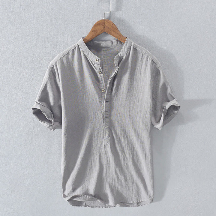 Chemise à manches courtes et demi-bouton en coton et lin pour homme, couleur unie, Buddha Stones - Gris clair - US/UK/AU42，EU52 (3XL)  - image 13