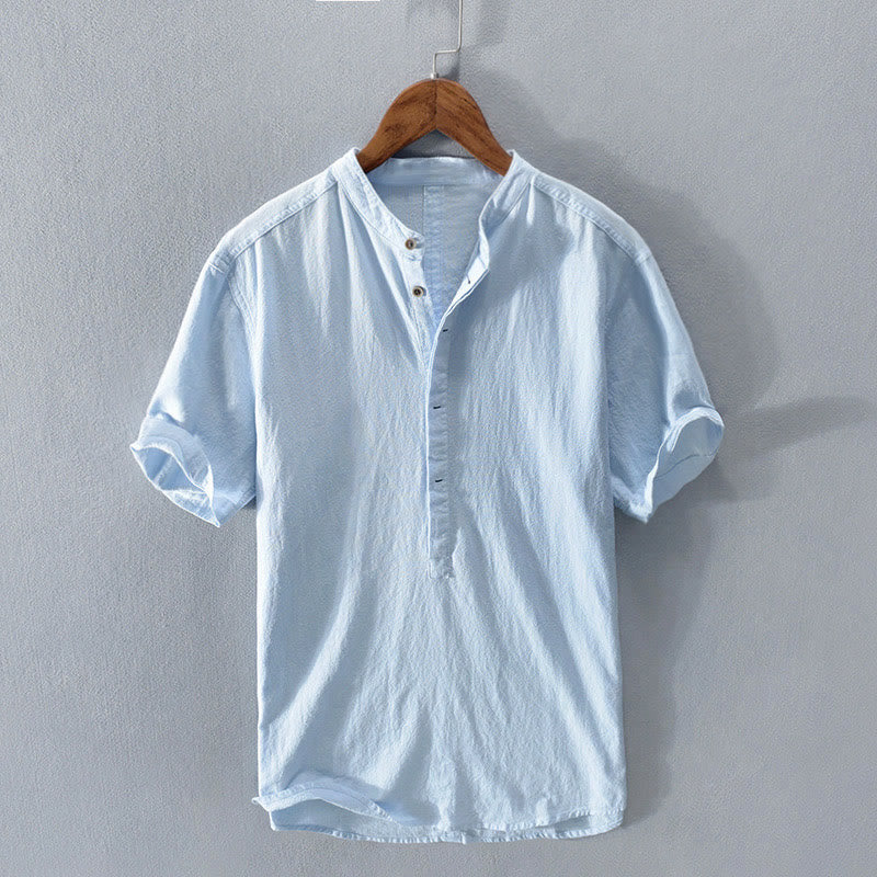 Chemise à manches courtes et demi-bouton en coton et lin pour homme, couleur unie, Buddha Stones - Bleu ciel clair - US/UK/AU42，EU52 (3XL)  - image 12