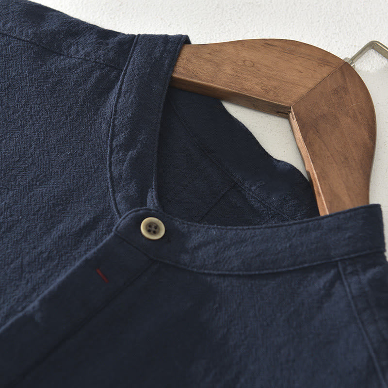 Chemise à manches courtes et demi-bouton en coton et lin pour homme, couleur unie, Buddha Stones - image 3