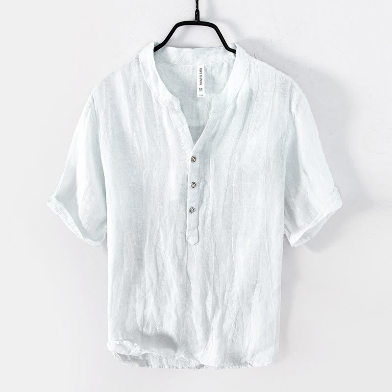 Chemise à manches courtes et demi-bouton en Coton et lin de couleur unie Buddha Stones pour hommes - manches courtes - Blanc - US/UK/AU50，EU60 (5XL) - image 12