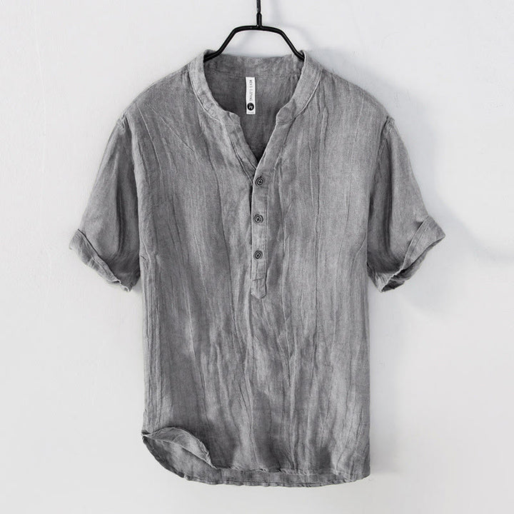 Chemise à manches courtes et demi-bouton en Coton et lin de couleur unie Buddha Stones pour hommes - manches courtes - Gris - US/UK/AU50，EU60 (5XL) - image 0