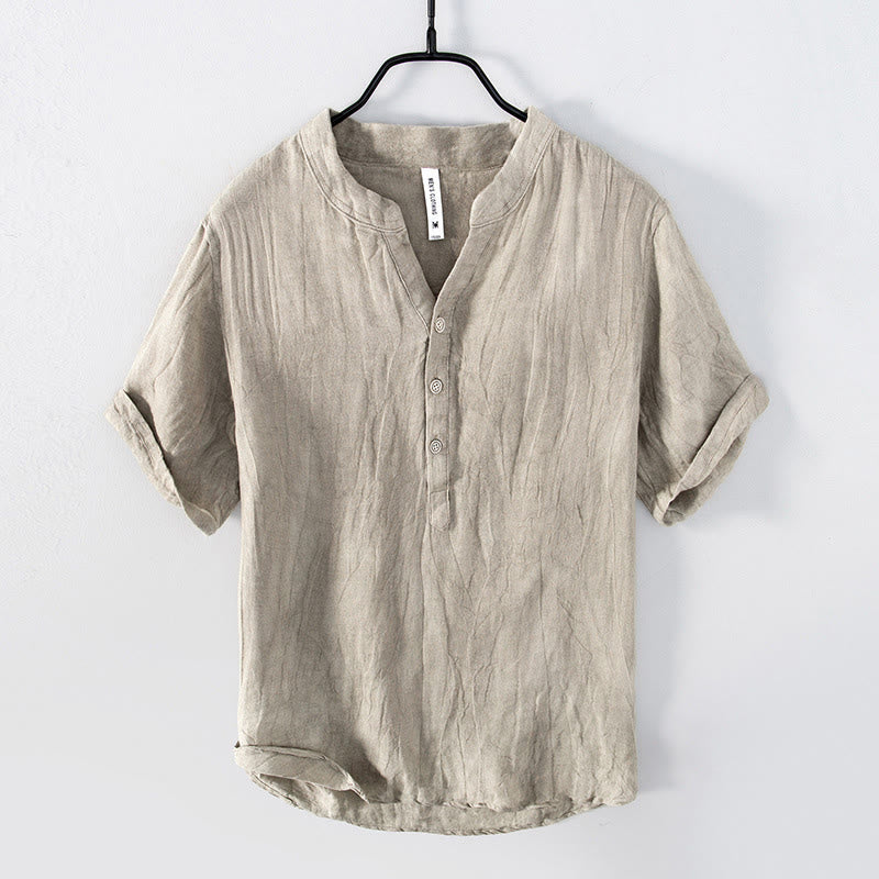 Chemise à manches courtes et demi-bouton en Coton et lin de couleur unie Buddha Stones pour hommes - manches courtes - Lin - US/UK/AU50，EU60 (5XL) - image 17