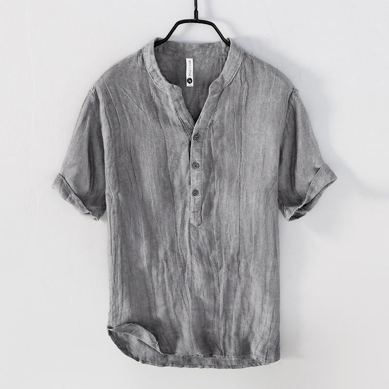 Chemise à manches courtes et demi-bouton en Coton et lin de couleur unie Buddha Stones pour hommes - manches courtes - Gris - US/UK/AU50，EU60 (5XL) - image 0