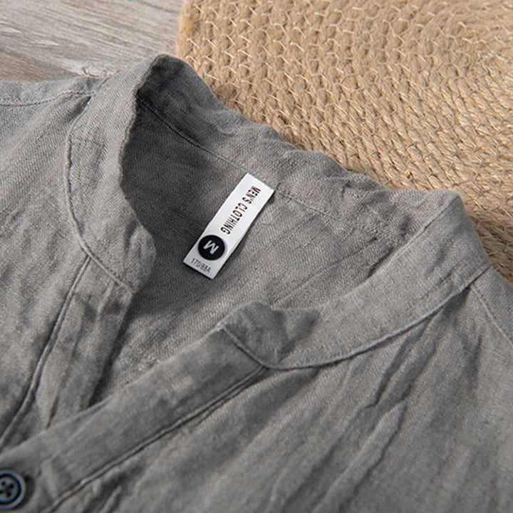 Chemise à manches courtes et demi-bouton en Coton et lin de couleur unie Buddha Stones pour hommes - image 3