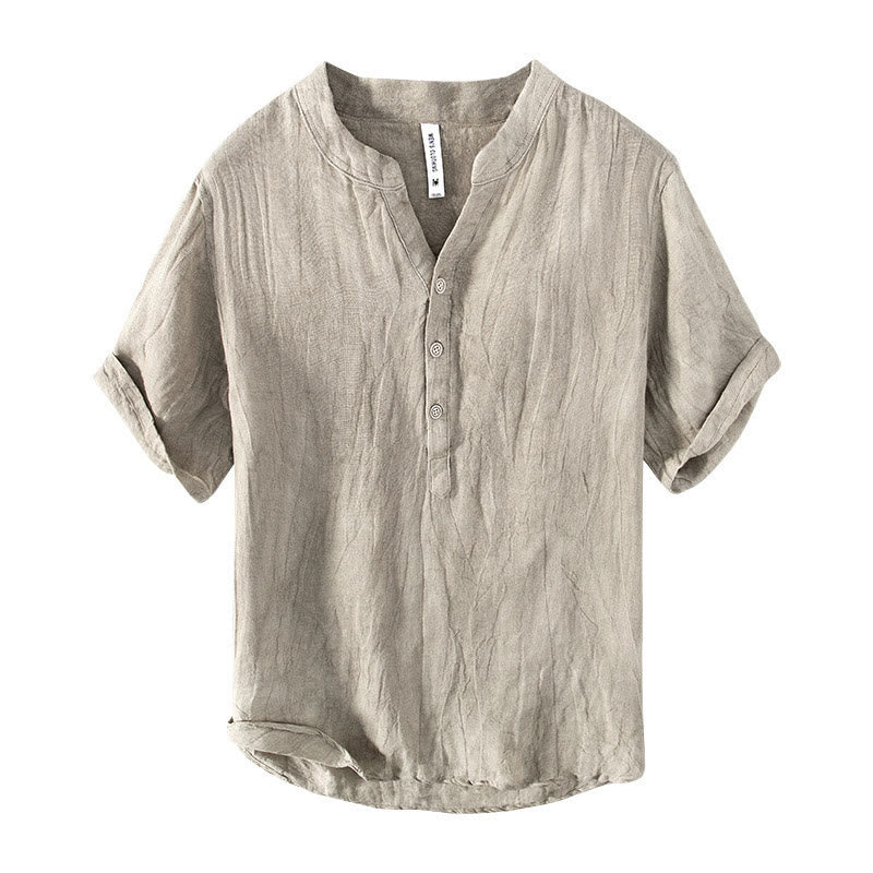 Chemise à manches courtes et demi-bouton en Coton et lin de couleur unie Buddha Stones pour hommes - image 19