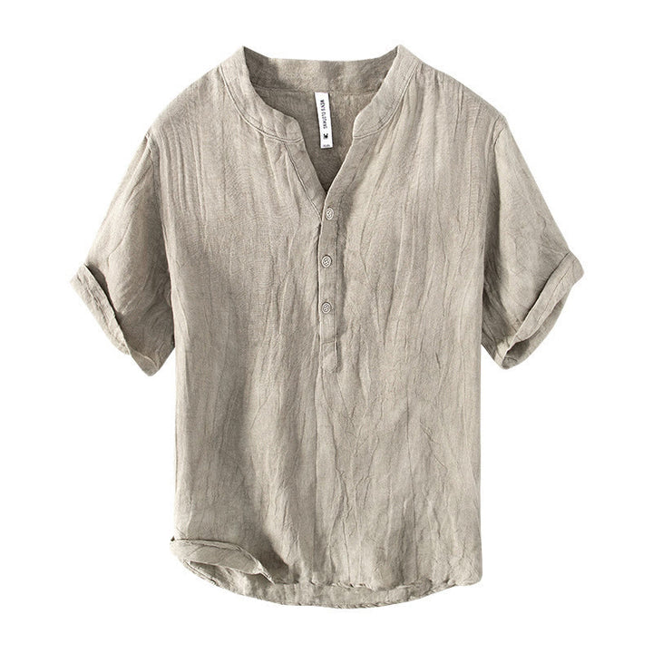 Chemise à manches courtes et demi-bouton en Coton et lin de couleur unie Buddha Stones pour hommes - image 19