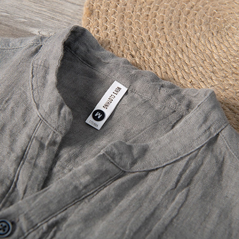 Chemise à manches courtes et demi-bouton en Coton et lin de couleur unie Buddha Stones pour hommes - image 3