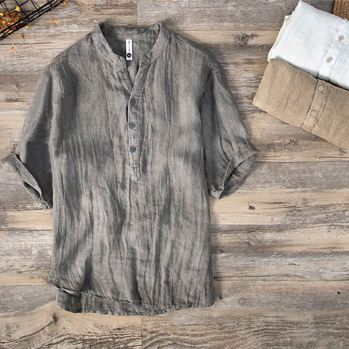 Chemise à manches courtes et demi-bouton en Coton et lin de couleur unie Buddha Stones pour hommes - image 2