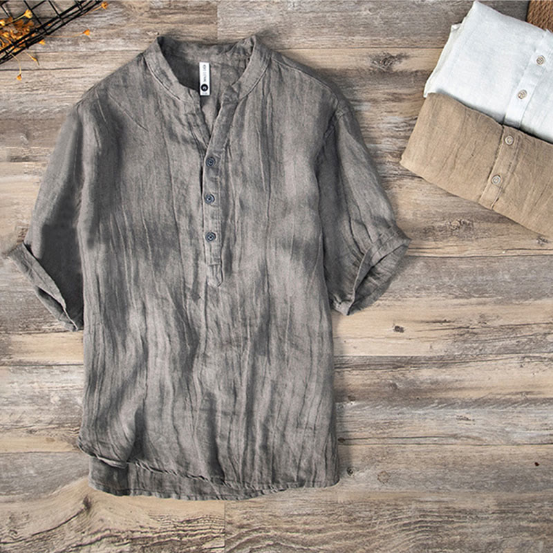 Chemise à manches courtes et demi-bouton en Coton et lin de couleur unie Buddha Stones pour hommes - image 2