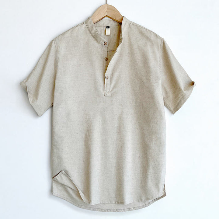 Chemise boutonnée à manches courtes en lin pour homme avec Buddha Stones de couleur unie - image 15