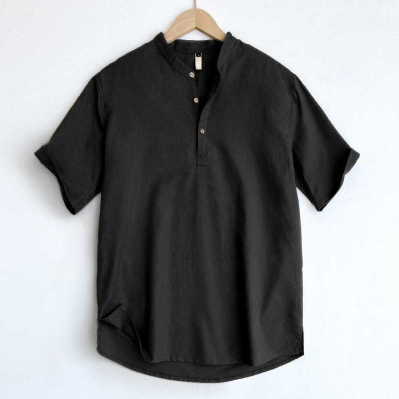 Chemise boutonnée à manches courtes en lin pour homme avec Buddha Stones de couleur unie - Noir - US/UK/AU44，EU54 (4XL) - image 20