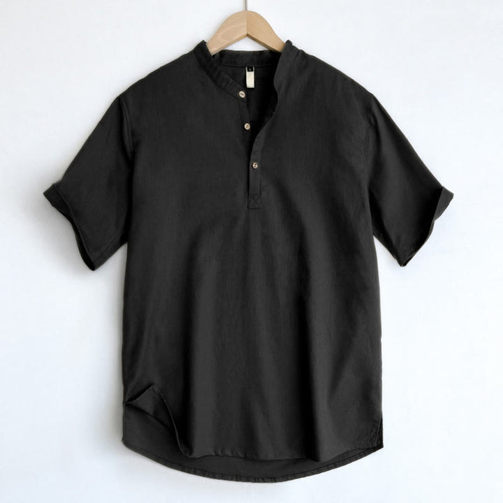 Chemise boutonnée à manches courtes en lin pour homme avec Buddha Stones de couleur unie - Noir - US/UK/AU44，EU54 (4XL) - image 20