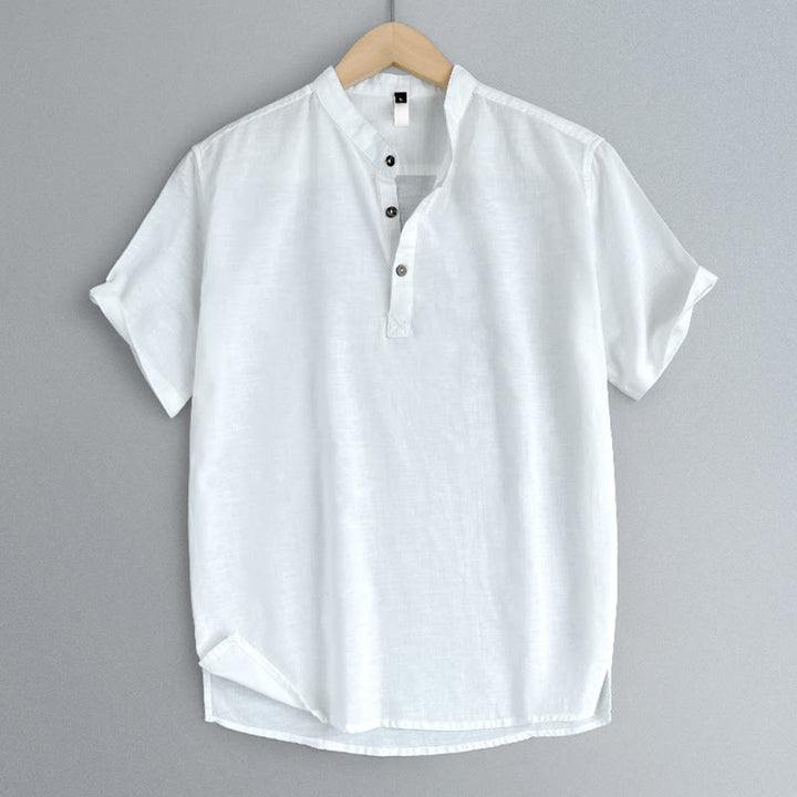 Chemise boutonnée à manches courtes en lin pour homme avec Buddha Stones de couleur unie