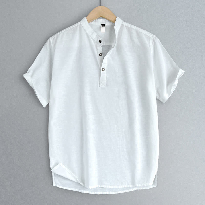 Chemise boutonnée à manches courtes en lin pour homme avec Buddha Stones de couleur unie - image 19