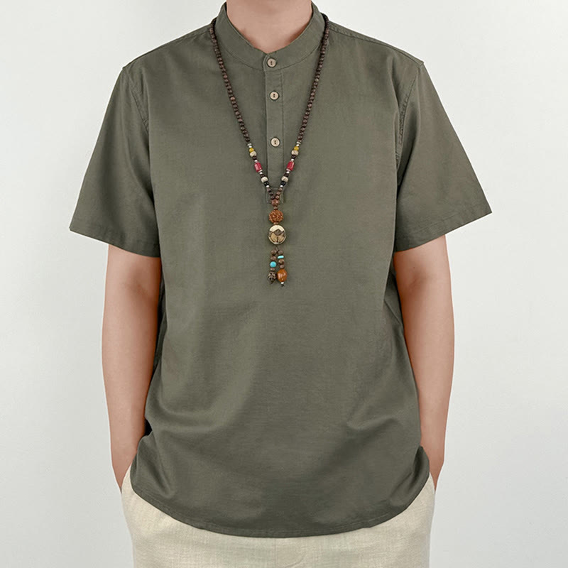 Chemise boutonnée à manches courtes en lin pour homme avec Buddha Stones de couleur unie - DarkKhaki - US/UK/AU44，EU54 (4XL) - image 0