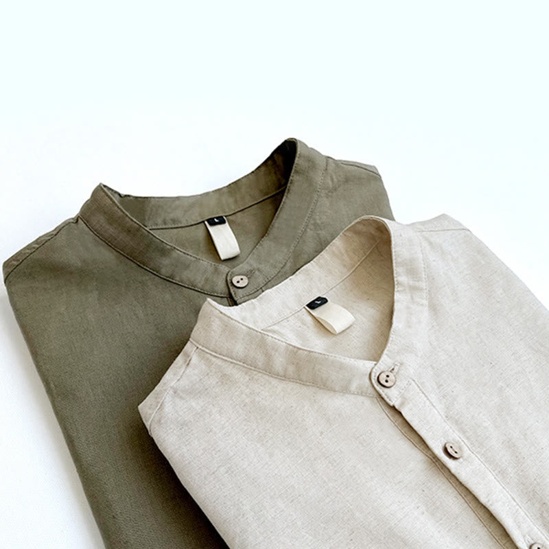 Chemise boutonnée à manches courtes en lin pour homme avec Buddha Stones de couleur unie