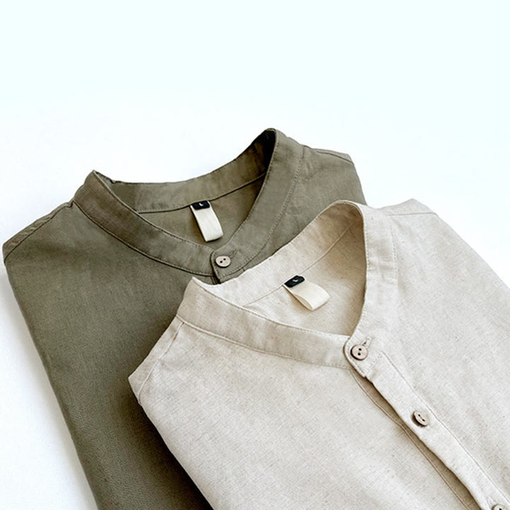 Chemise boutonnée à manches courtes en lin pour homme avec Buddha Stones de couleur unie - image 1