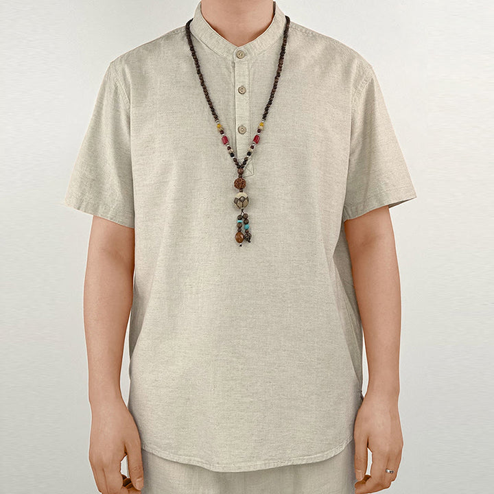 Chemise boutonnée à manches courtes en lin pour homme avec Buddha Stones de couleur unie