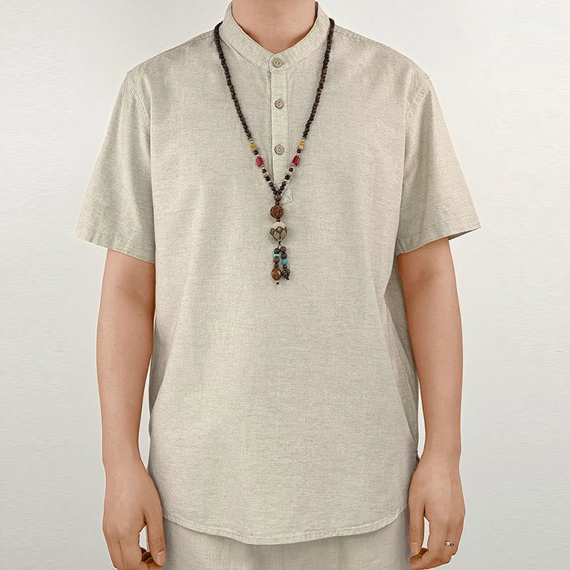 Chemise boutonnée à manches courtes en lin pour homme avec Buddha Stones de couleur unie - Lin - US/UK/AU44，EU54 (4XL) - image 8