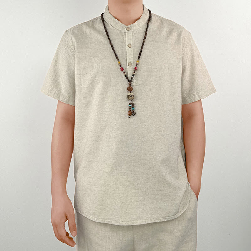 Chemise boutonnée à manches courtes en lin pour homme avec Buddha Stones de couleur unie