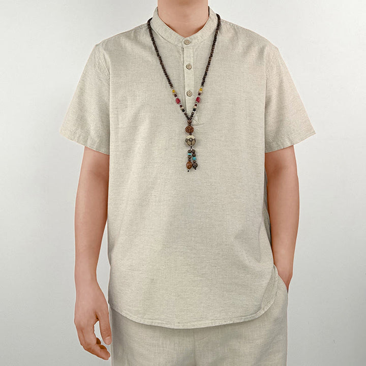 Chemise boutonnée à manches courtes en lin pour homme avec Buddha Stones de couleur unie
