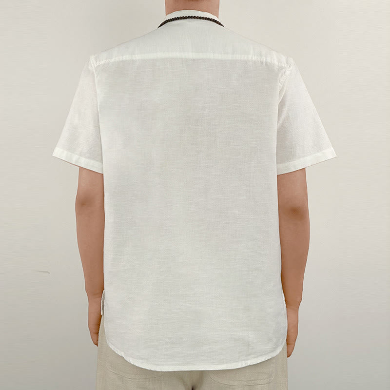 Chemise boutonnée à manches courtes en lin pour homme avec Buddha Stones de couleur unie