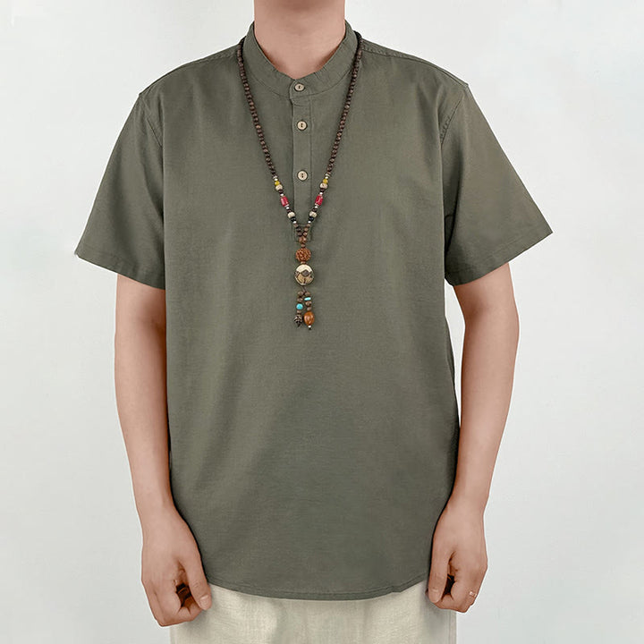 Chemise boutonnée à manches courtes en lin pour homme avec Buddha Stones de couleur unie