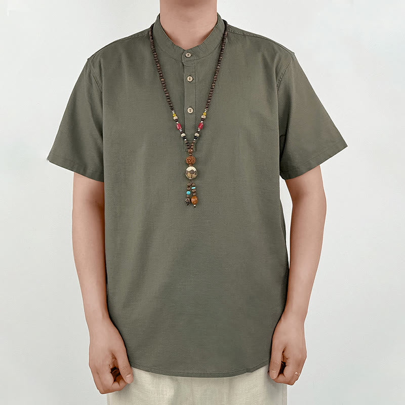 Chemise boutonnée à manches courtes en lin pour homme avec Buddha Stones de couleur unie - image 2