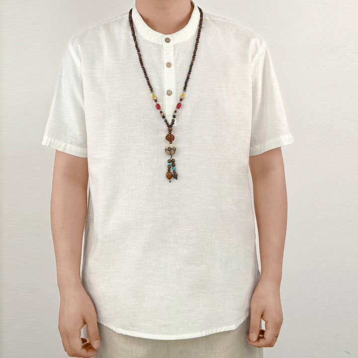 Chemise boutonnée à manches courtes en lin pour homme avec Buddha Stones de couleur unie