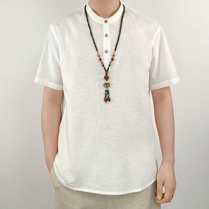 Chemise boutonnée à manches courtes en lin pour homme avec Buddha Stones de couleur unie