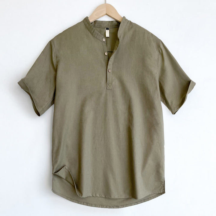 Chemise boutonnée à manches courtes en lin pour homme avec Buddha Stones de couleur unie