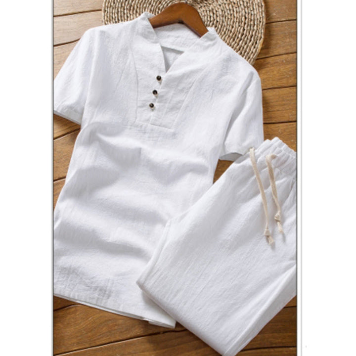 Buddha Stones Ensemble 2 pièces en coton de couleur unie avec t-shirt à manches courtes et pantalon pour homme