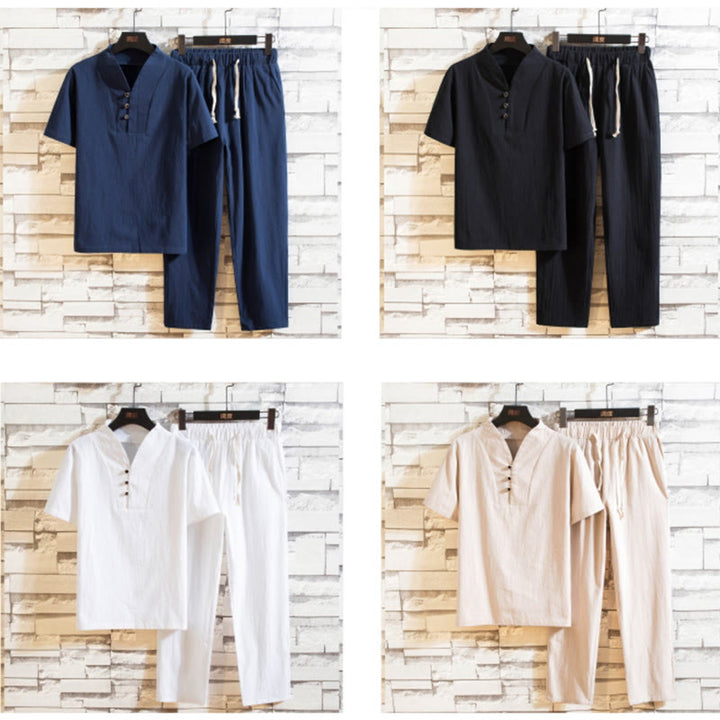 Buddha Stones Ensemble 2 pièces en coton de couleur unie avec t-shirt à manches courtes et pantalon pour homme