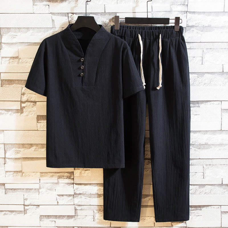 Ensemble 2 pièces pour homme, t-shirt à manches courtes et pantalon en coton uni avec boutons et Buddha Stones - Noir - US/UK/AU44，EU54 (5XL) - image 10