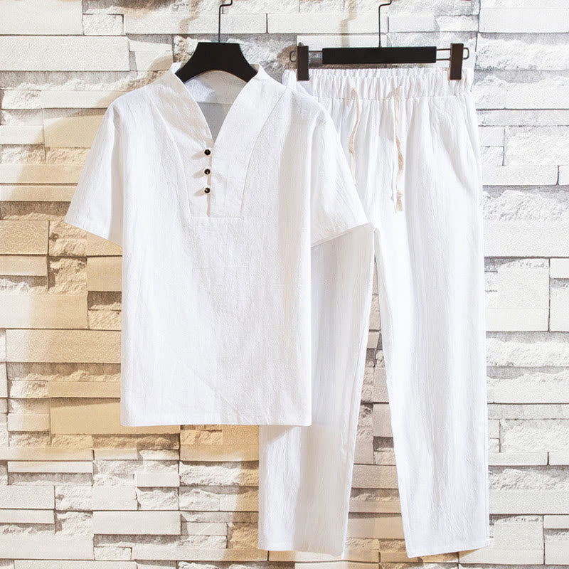 Ensemble 2 pièces pour homme, t-shirt à manches courtes et pantalon en coton uni avec boutons et Buddha Stones - Blanc - US/UK/AU44，EU54 (5XL) - image 0