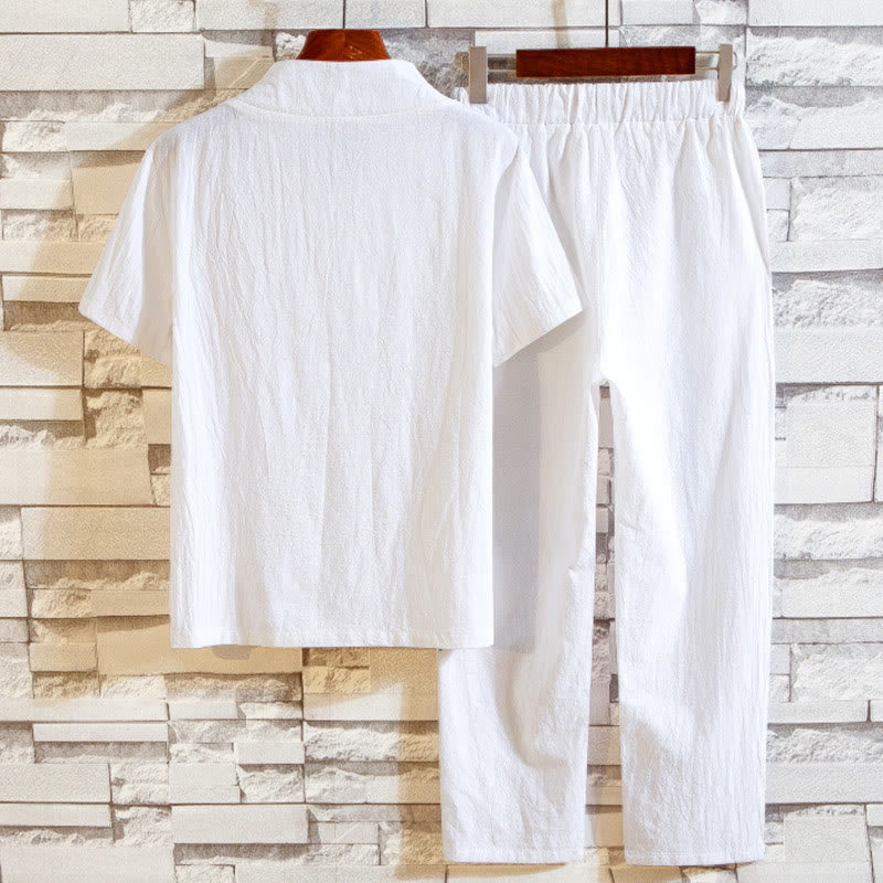 Buddha Stones Ensemble 2 pièces en coton de couleur unie avec t-shirt à manches courtes et pantalon pour homme