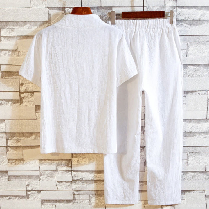 Buddha Stones Ensemble 2 pièces en coton de couleur unie avec t-shirt à manches courtes et pantalon pour homme